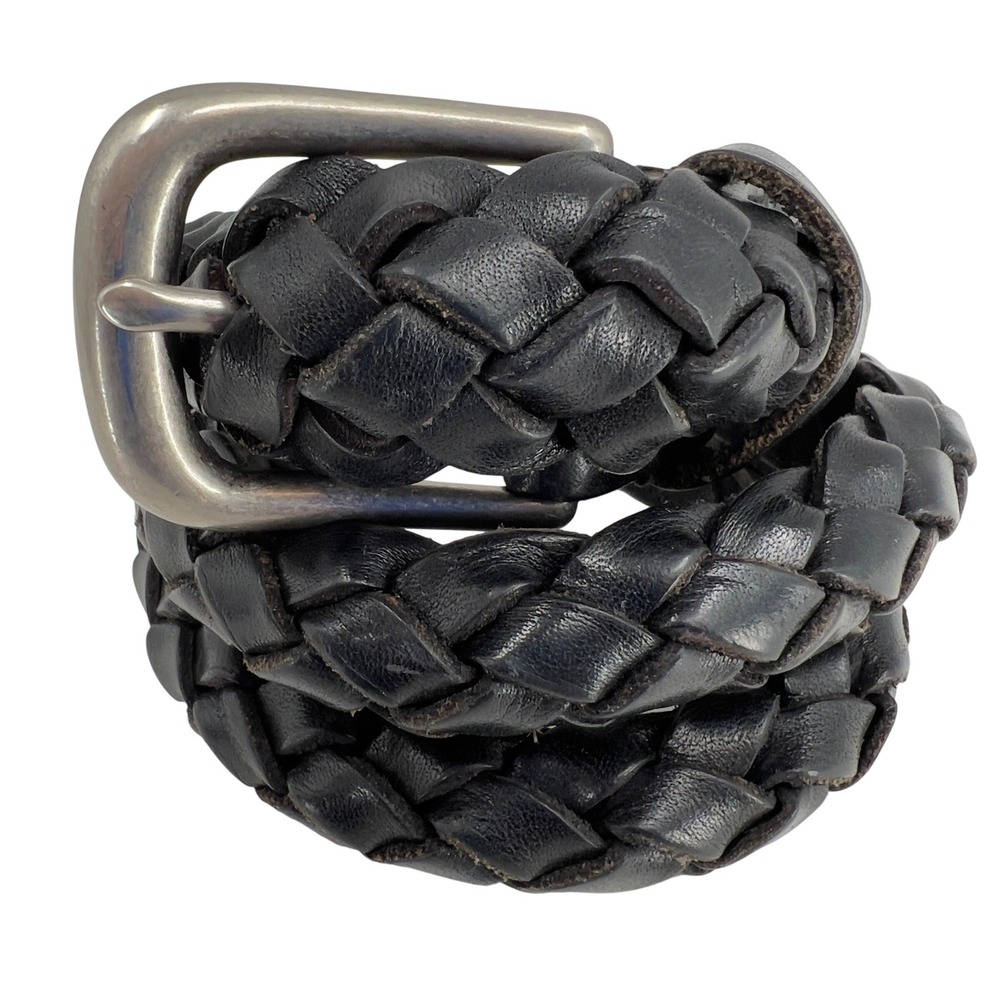 Men's Size 34  Black Braided Leather Belt Whip Tip Half Round Vintage